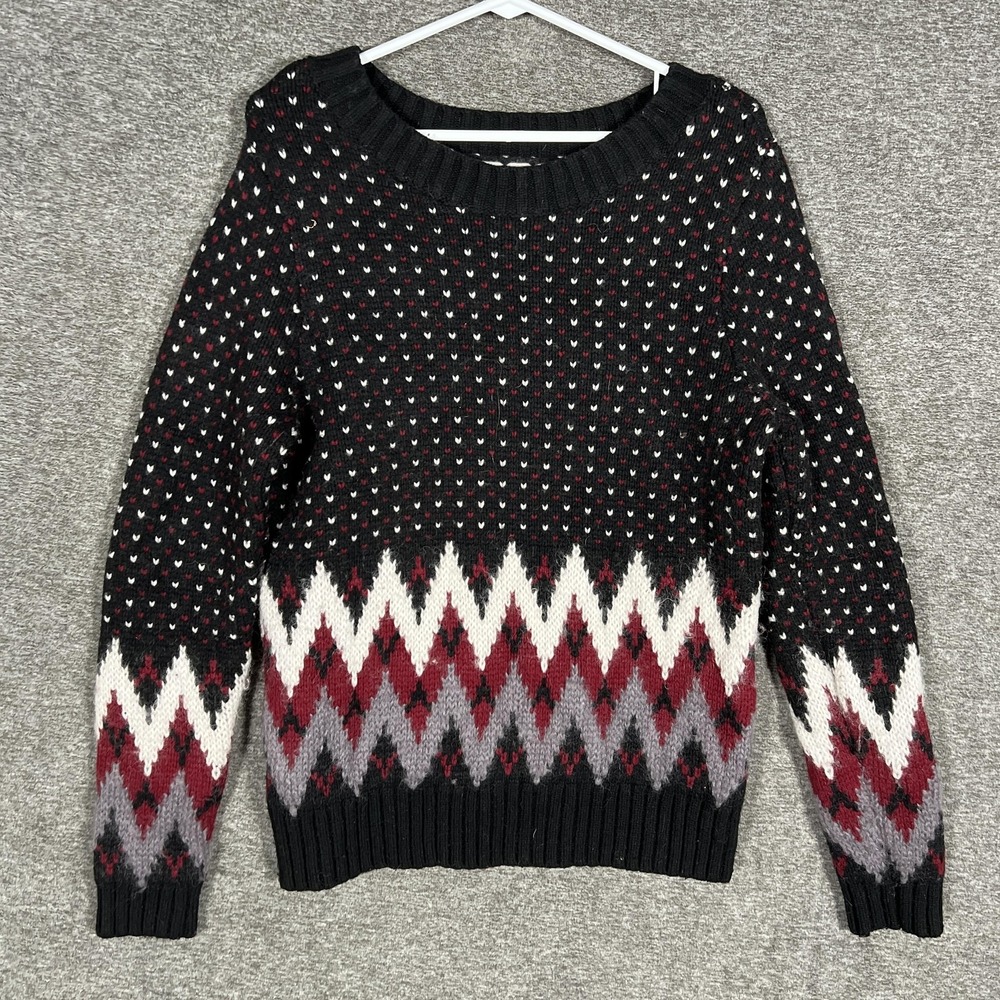 LL Bean Signature Sweater Womens Small Black Fair‎ Isle Wool Mohair Pullover